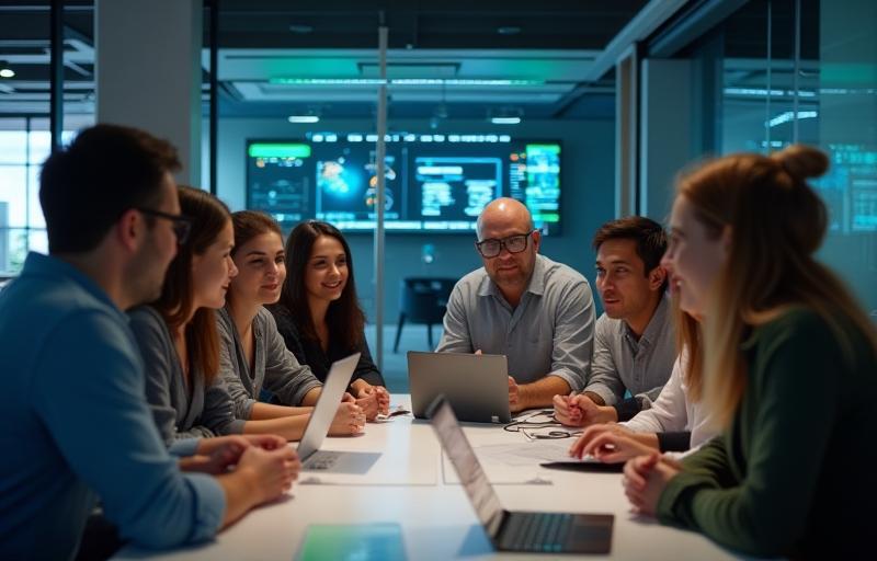 Diverse group of professionals collaborating in a tech environment.