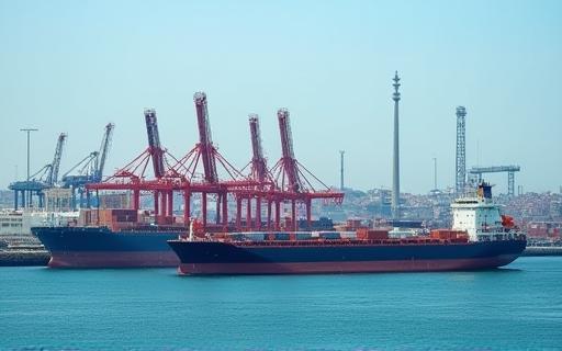 Cargo ship in Genoa port with communication towers in background.