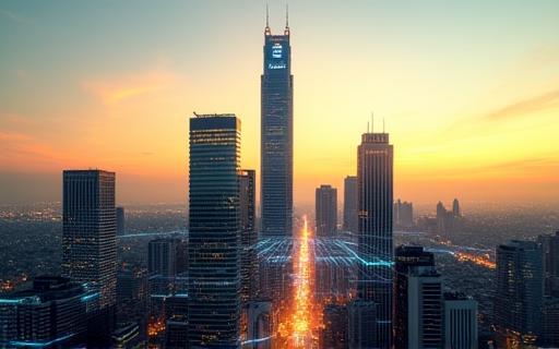 Skyline of Milan with network signal overlay.