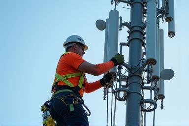 Technician working on a 5G cell tower.