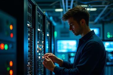Technician checking network equipment.